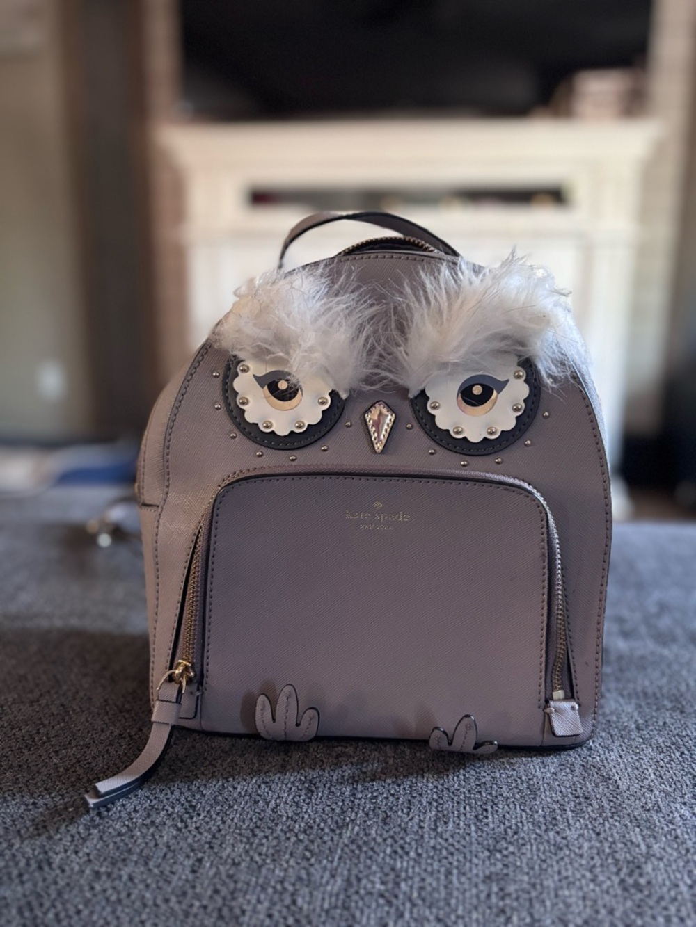 kate spade Gray Owl Mini Backpack with Feather Detail